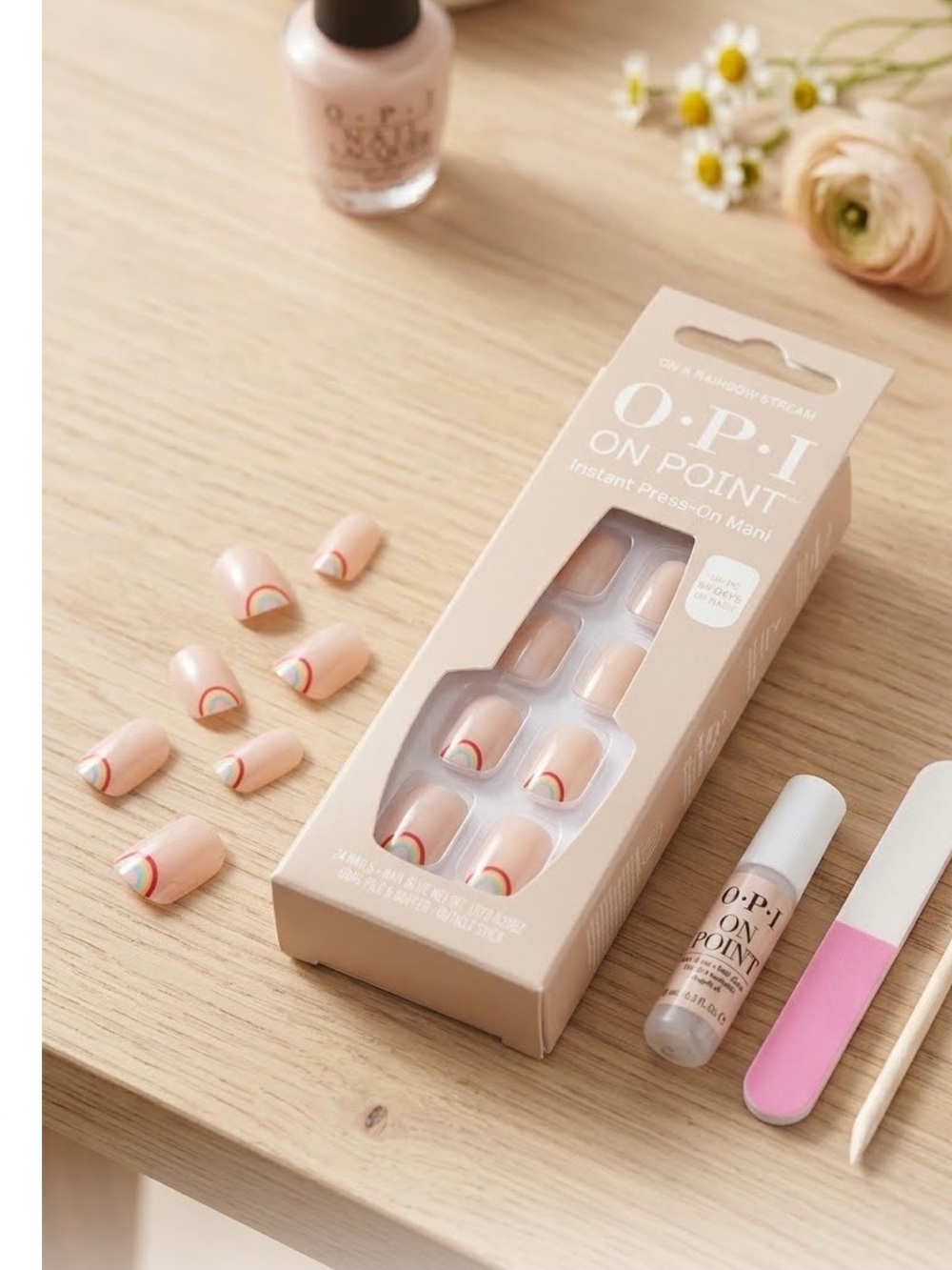 OPI On Point Peach Press-On Nails with Rainbow Accent